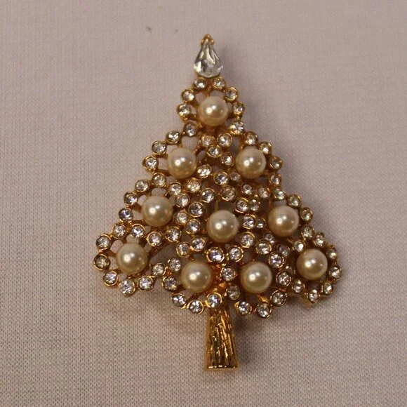 Napier Pearl and Crystal and Golden Christmas Tree Brooch - Picture 7 of 8